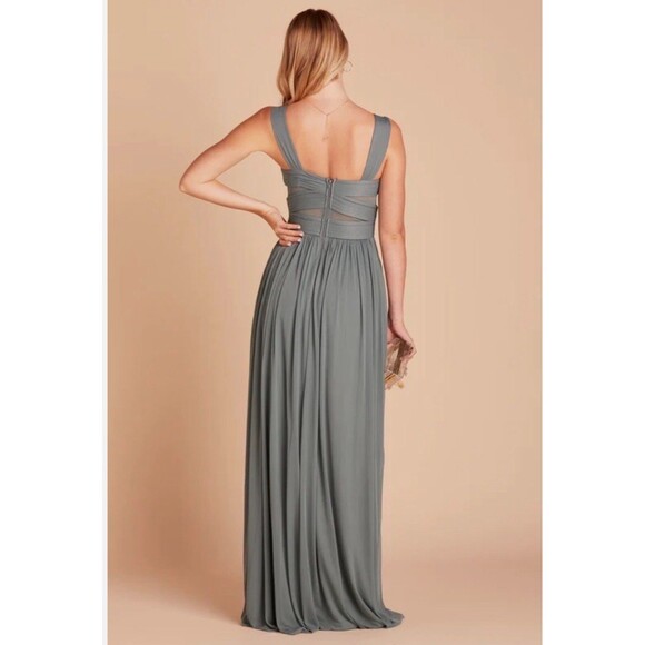 BIRDY GREY "Elyse" Gown Bridesmaid Dress Sea Glass Green Pleated Mesh Cutout S - Picture 2 of 10
